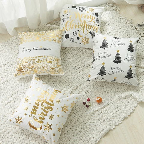 Funda De Cojín De Navidad Estampado Dorado Poliéster Felpa Suave Patrón Copo De Nieve Árbol Cuadrado Decoración Festiva