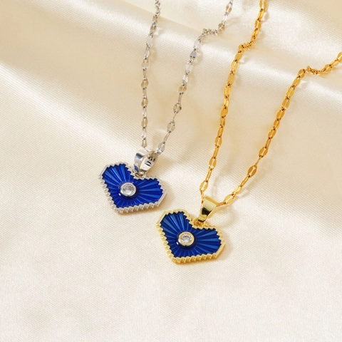 Blauer Herz Anhänger Halskette Kupfer Emaille Zirkon Pixelrand Radialmuster Mode Schmuck Damen Elegantes Accessoire