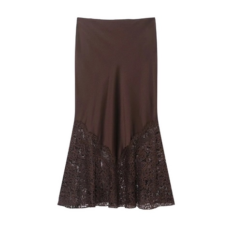 Jupe Midi En Satin Pour Femmes Avec Dentelle Patchwork Élégante Sexy Taille Haute Bodycon Marron Mode Chic