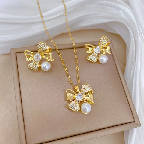 Bowknot Heart Zircon Faux Artificial Pearl Stainless Steel Necklace And Earrings With Silver Earring Post For Women Elegant Party