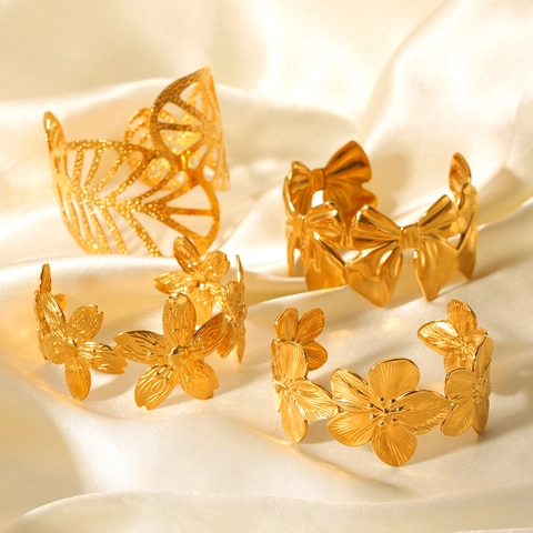 18K Gold Plated Stainless Steel Open Cuff Bracelet For Women Boho Cutout Flower Leaf Bowknot Non Tarnish Jewelry