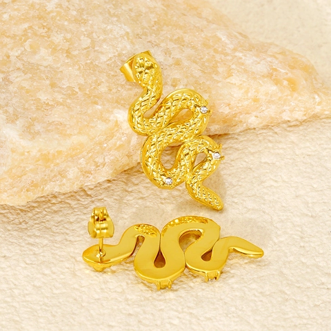 Snake Shaped Stud Earrings Stainless Steel 18K Gold Plated Rhinestone Inlay Retro Street Style Jewelry For Women Men