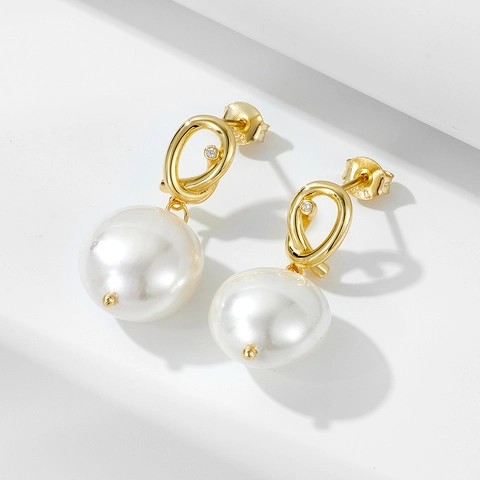 Pendientes Colgantes de Plata de Ley 925 y Perla Artificial para Mujer Vintage Botón Concha Geométrico Nudo Diamantes Imitación Joyas