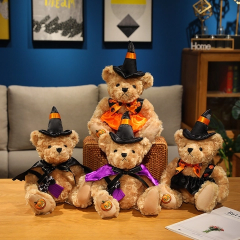Halloween Teddy Bear Plush Toy Soft Animal With Wizard Hat Cape Dress Pumpkin Embroidery For Holiday Party Gift Decor