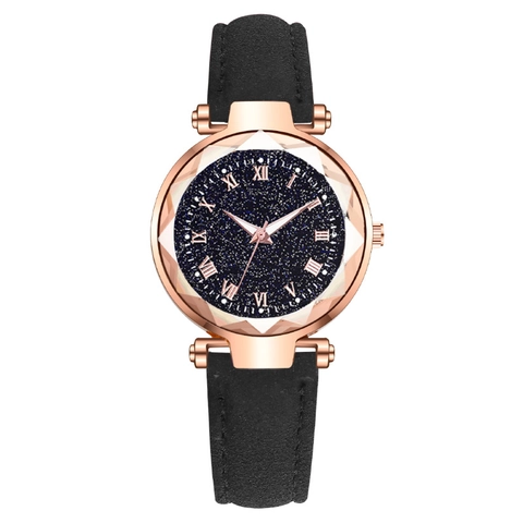 Montre Femme Quartz Cadran Ciel Étoilé Chiffres Romains Verre Taille Diamant Bracelet Cuir Boîtier Alliage Or Rose Élégant