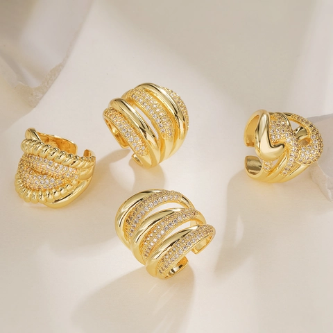 Breitband Offener Ring Kupfer 18K Vergoldet Zirkon Mehrlagig Geometrisch Verstellbar Vintage Schmuck Für Damen