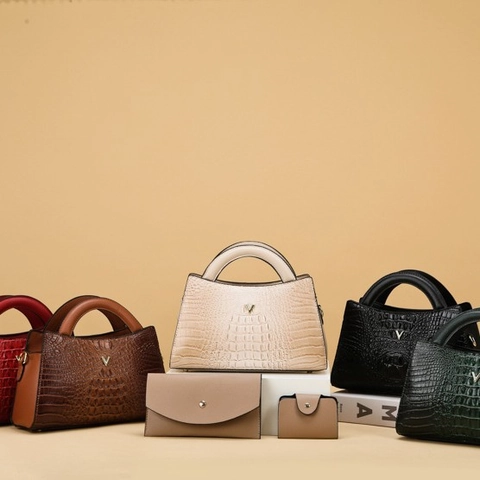 Krokodilmuster Handtasche Schulter Umhängetasche PU Leder Griff Gold Metall Dekoration Modisch Elegant Damen
