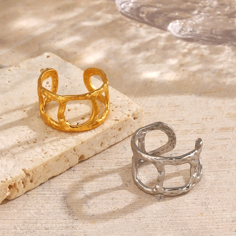 Anillo Abierto Geométrico Calado Acero Inoxidable Chapado En Oro 18K Textura Martillada Ajustable Hip Hop Retro Joyería Para Mujeres