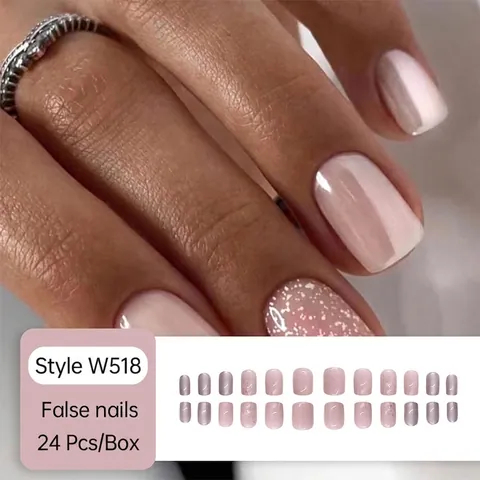Press On Nails Square Round Light Pink Nude Glossy Silver Glitter French Sweet Flower Elegant Manicure For Women