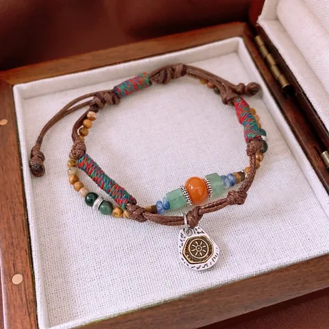 Ethnic Handmade Woven Bracelet Wax Rope Alloy Wheel Pendant Colorful Stone Beads Adjustable For Women Retro Accessories
