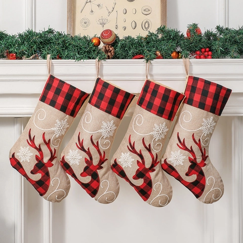 Weihnachtsstrumpf Geschenktüte Rentier Stickerei Buffalo Plaid Sackleinen Rustikale Feiertags Kamin Dekoration