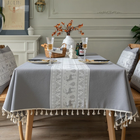 Nappe Jacquard Rectangulaire Motif Renne Et Arbre Style Nordique Simili Lin Housse De Table Antipoussière Avec Glands