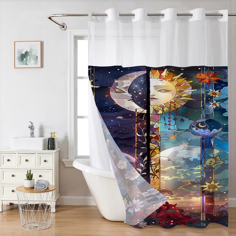 Hookless Waterproof Polyester Shower Curtain With Mesh Window And Detachable Liner Waffle Texture Artistic Printing