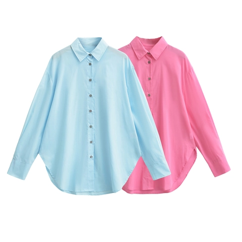 Women Long Sleeve Shirt Button Down Blouse Polyester Lapel Collar Casual Solid Color Elegant Top