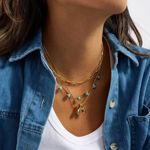 Collier Élégant En Acier Inoxydable Pour Femmes Avec Pendentif Fleur En Pierre Naturelle Turquoise Lettre A Doré