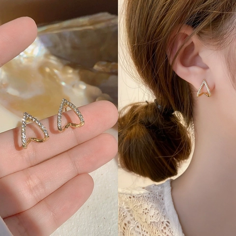 Geometric V Shape Stud Earrings With Rhinestones And 925 Sterling Silver Earring Post Minimalist Small Jewelry For Women