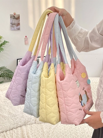 Bolso Tote Acolchado De Poliéster Kawaii Bordado Perro Correas Color Block Botones Decorativos Gran Capacidad De Hombro