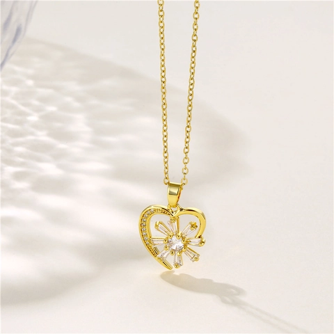 Collar Con Colgante De Corazón Acero Inoxidable Flor De Circón Diseño De Margarita Chapado En Oro Joyería Elegante