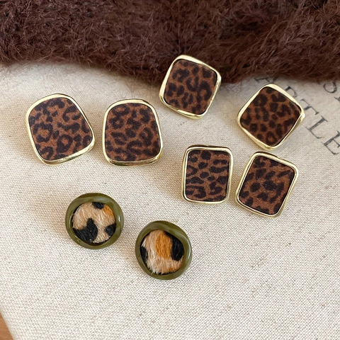 Vintage Leopard Print Geometric Square Round Stud Earrings Alloy With Silver Earring Post Retro Fashion