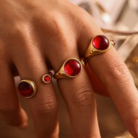Anillo Abierto de Acero Inoxidable y Granate de Lujo para Mujer Elegante Anillo Geométrico Ajustable Chapado en Oro Plata Joyería