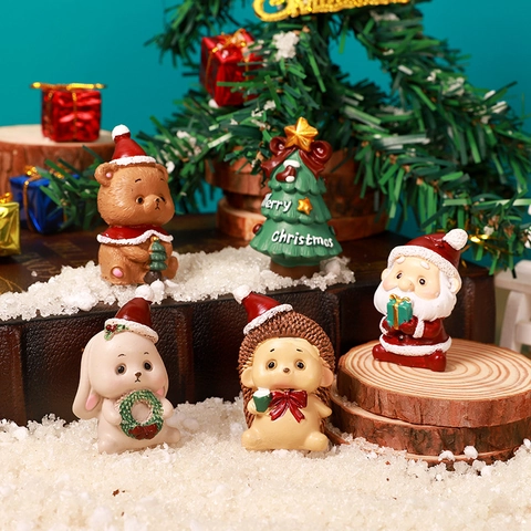 Christmas Miniature Figurines Resin Ceramic Cute Santa Reindeer Bear Tree Desktop Micro Landscape Holiday Decor