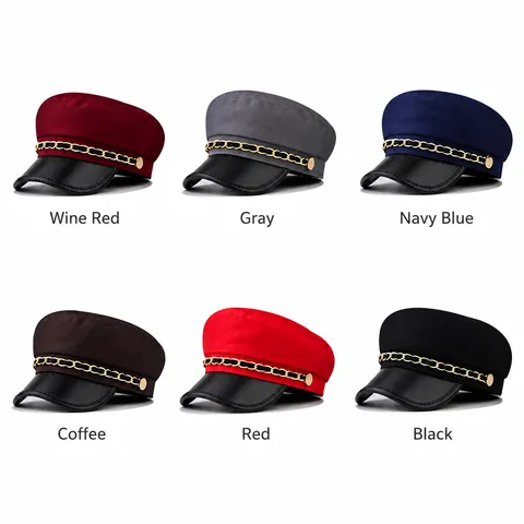 British Style Military Cap For Women Fashion Flat Top Fiddler Cap With Gold Chain Vintage Beret Hat For Spring Autumn