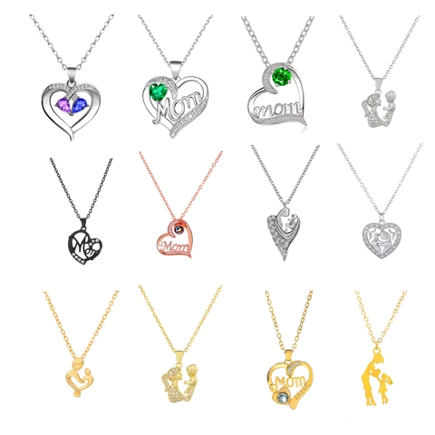 Stainless Steel Heart Mom Pendant Necklace With Projection Stone I Love You Engraved Necklace Jewelry For Mother's Day Gift