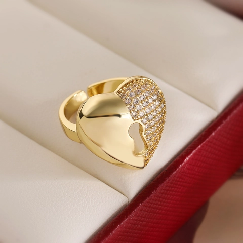 Anillo Abierto Corazón Cerradura Cobre Chapado En Oro De 18K Circonita Micro Pavé Joyería De Moda Ajustable Para Mujer