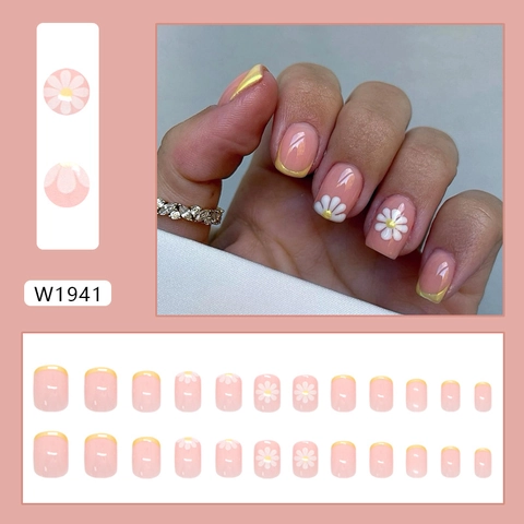 Press On Nails Yellow French Tip White Daisy Floral Pattern Short Square Shape ABS Plastic Artificial Nails For Women