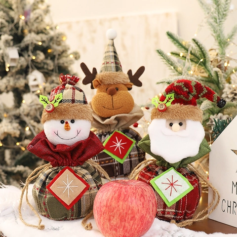 Weihnachts-Geschenkbeutel Kordelzug Karo Stoff Leinen 3D Cartoon Weihnachtsmann Schneemann Rentier Festliche Süßigkeitentüte