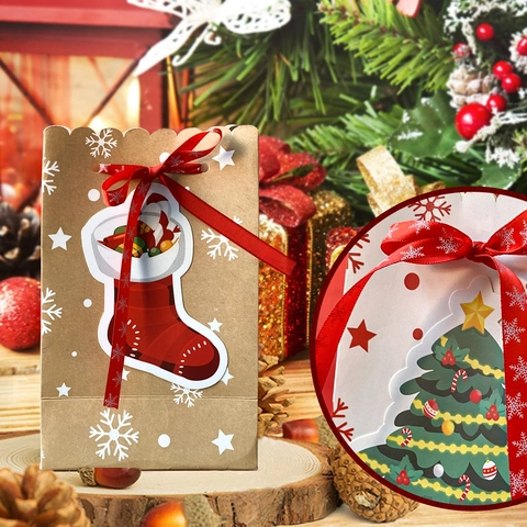 Sacchetti Regalo Di Natale Carta Con Fiocco Di Nastro Rosso Stampa Fiocco Di Neve Bomboniere Dolcetti Confezione Di Cartone