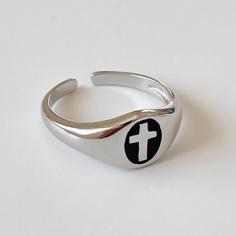 Anello In Argento Sterling 925 Con Motivo A Croce Retro Smalto Nero Aperto Regolabile Gioielli Moda Donna