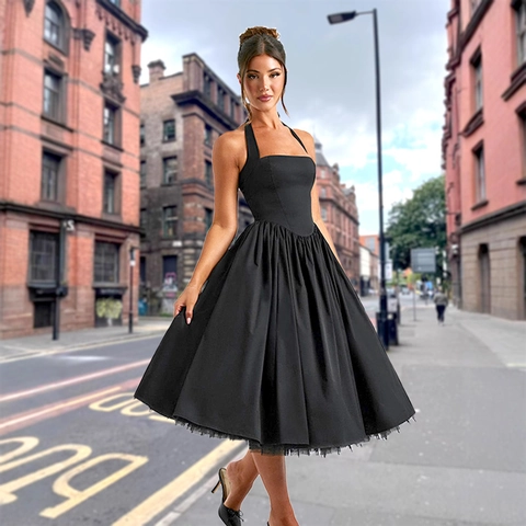 Women Halter Backless Midi Dress Sexy Sleeveless Polyester High Waist Big Swing Vintage Evening Party