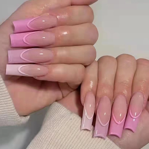 Unghie Finte Press On Nails Sfumatura Rosa French Tip Forma A Bara Lunga Per Donne