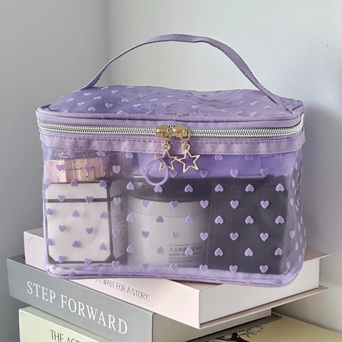 Mesh Makeup Bag Flocked Heart Pattern Transparent Toiletry Organizer Portable Large Capacity Travel Pouch Star Zipper