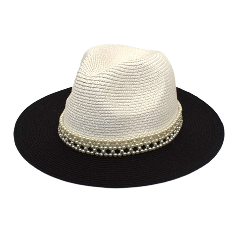 Cappello Fedora In Paglia Da Donna Con Fascia Di Künstliche Perle Blocchi Di Colore Tesa Larga Protezione Solare Spiaggia Estate