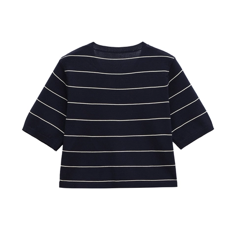 Gestreifter Damen Strickcardigan Rundhals Kurzarm Kurz Geschnittenes Oberteil Elegant Navy Blau