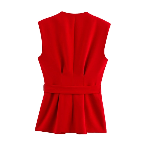 Women Sleeveless Vest Top V Neck Belted Slim Fit Solid Color Polyester Commuter Elegant Waist Tie Gilet Red