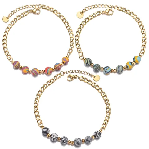 Stainless Steel Bracelet Gold Plated Beaded Bohemian Style Marble Texture Minimalist Vintage Jewelry For Women