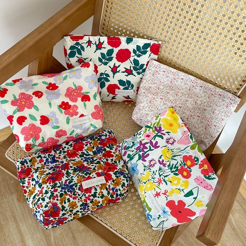 Borsa Per Cosmetici Floreale Grande Capacità Tela Cotone Pochette Da Viaggio Cerniera Estetica Organizzatore Trucco Per Donna