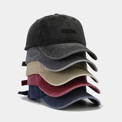 Washed Cotton Baseball Cap Vintage Distressed Hello Letter Embroidery Adjustable Sun Hat Casual Snapback For Men Women
