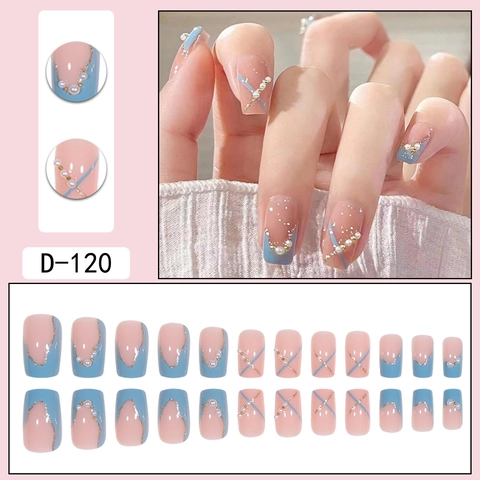 Press On Nails Short Square Round Light Blue Peach With Artificial Pearls Lines Glitter French Style False Nails Elegant Sweet