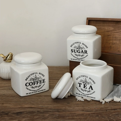 Ceramic Storage Jars With Airtight Lids For Coffee Sugar Tea Nordic Retro Kitchen Organization White Glazed Canisters