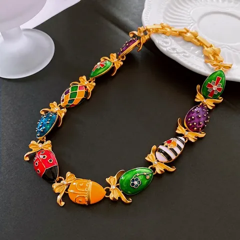 Vintage Enamel Faberge Egg Jewelry Necklace Bracelet Earrings With Butterfly Bow Alloy Rhinestone And Silver Earring Post