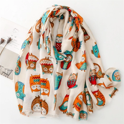 Écharpe de Mode Femme Imprimé Animal Chouette Dessin Animé Polyester Châle Doux Léger Gland Décoratif pour Voyage Quotidien