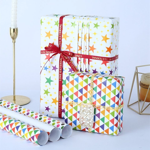 Geometric Rainbow Gift Wrapping Paper Colorful Dots Stars Stripes Triangle For Birthday Valentines Day Party Packaging