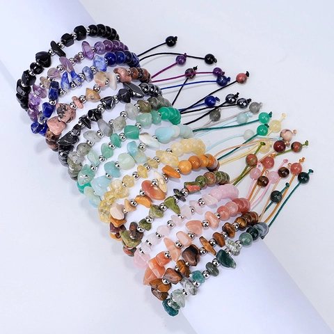 Handmade Natural Stone Chip Bracelet Amethyst Citrine Tiger Eye Copper Bead Woven Rope Adjustable Bohemian Jewelry