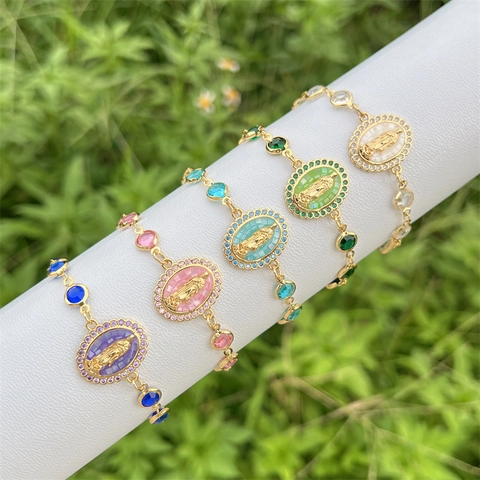 Bracciale Medaglia Vergine Maria Religioso Rame Placcato Oro 18K Chiusura Bolo Regolabile Gioielli Zirconia Per Donne