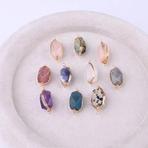 Natural Gemstone Pendants Copper Wire Wrapped Rectangular Columnar Charms For DIY Necklace Earring Making Handmade Jewelry