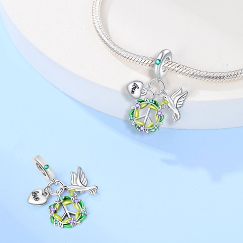 Silver Plated Copper Enamel Zirconia DIY Charm Bead For Bracelet Tree Of Life Sun Earth Peace Dove Heart Pendant Jewelry